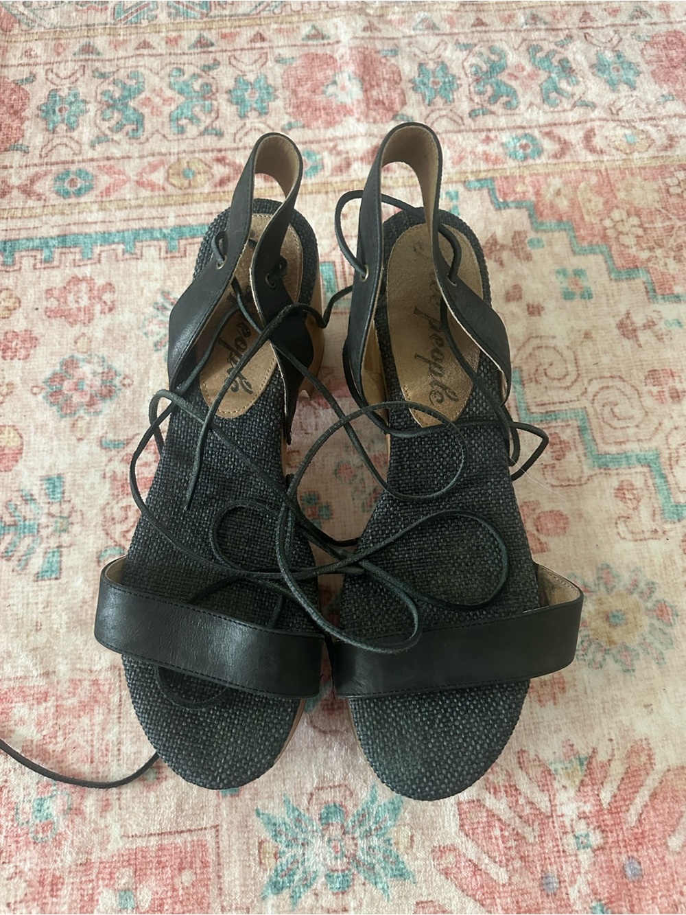 Black Lace-Up Wedge Sandals - Women